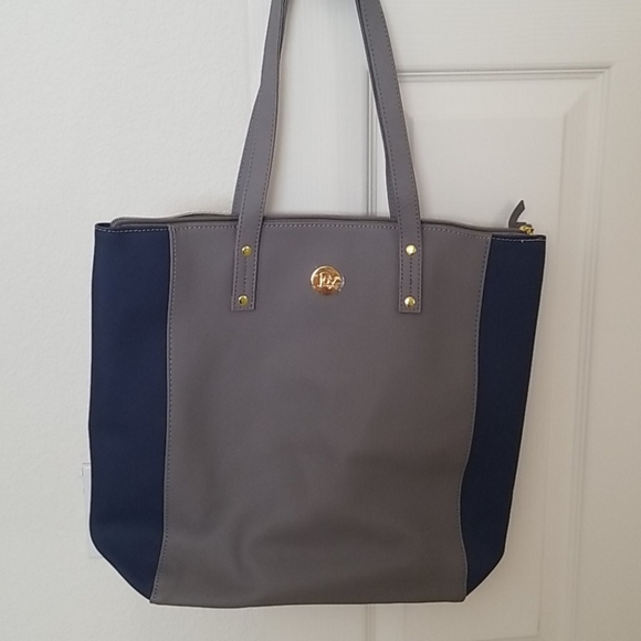 Joy Mangano Bags Joy Mangano Leather Tote Purse Gray Navy Poshmark